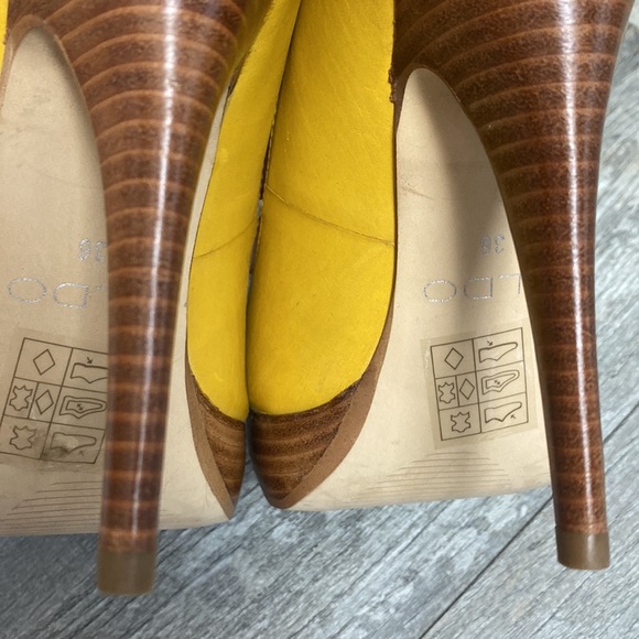 ✨4🛒 $20 ✨ Aldo Yellow Peep Toe Leather Platform Pumps Heels Sz. 36 EC 5" - Picture 4 of 14